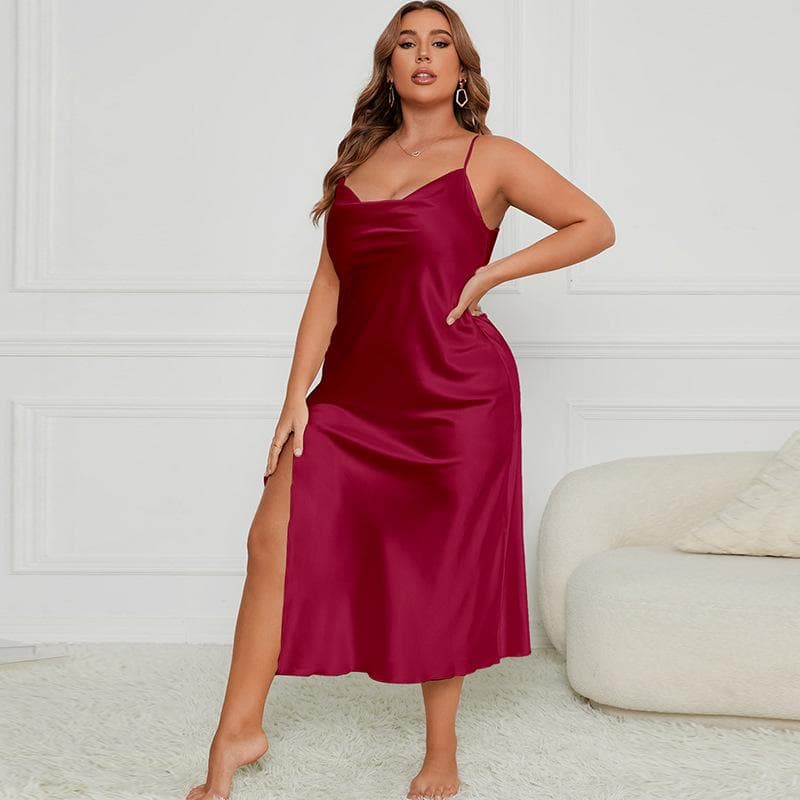 Women's Pajamas, Sexy Burgundy Slit Suspender Nightgown Underwear, Casual Satin Home Clothes 5XL