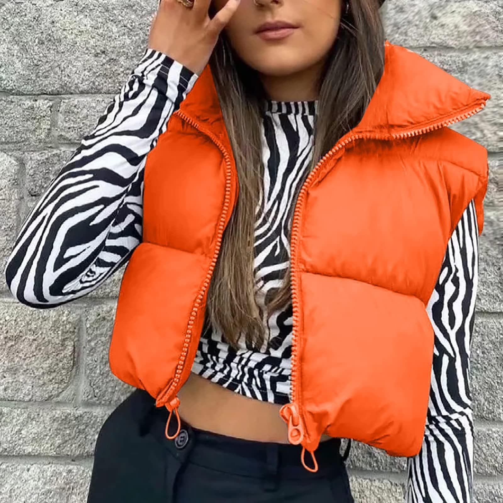 Women's Winter Tank Top Sleeveless Bomber Lightweight Stand Collar Zip Solid Quilted Vest M orange