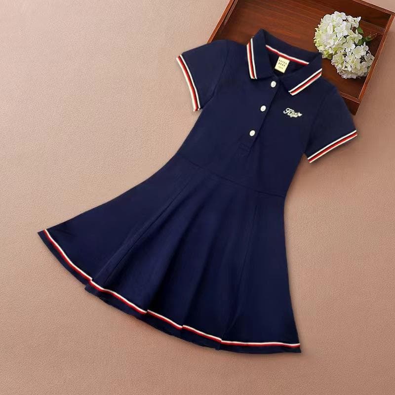 Kids Girls Sport Dresses Turn-Down Collar Summer Short Sleeve Cotton Clothing Tennis Golf Sportwear for Children 140 navy blue