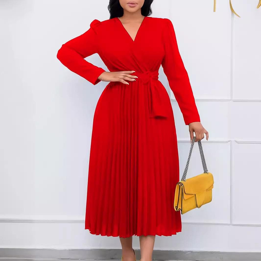 Short-sleeved Women's New Long-sleeved Lace-up Solid Color V Slim Pleated Plus Size Dress 3XL red