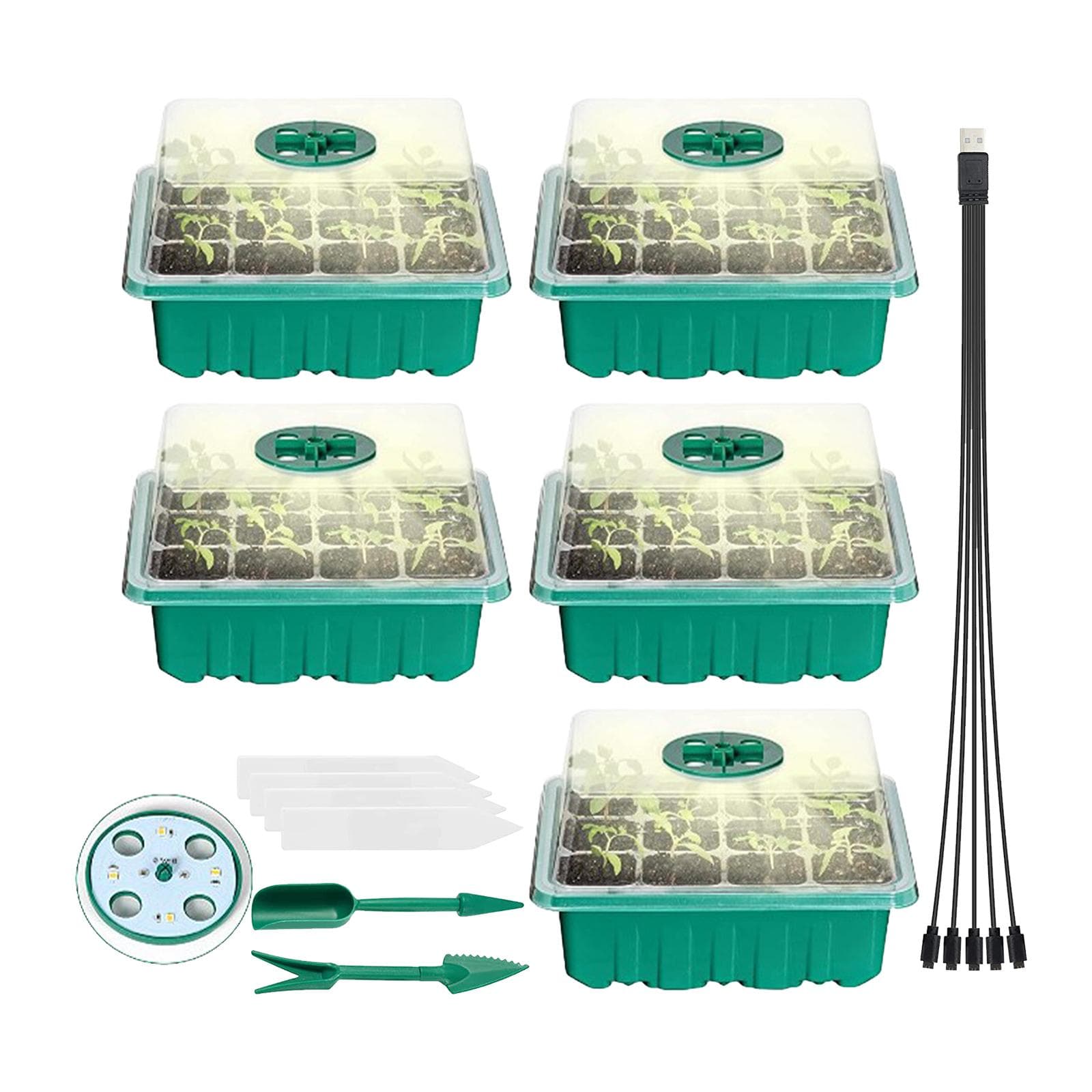 5PCS Plant Seed Starter Tray With Grow Lights for Planting Seeds 60 Seedling Cells Organic Plant green