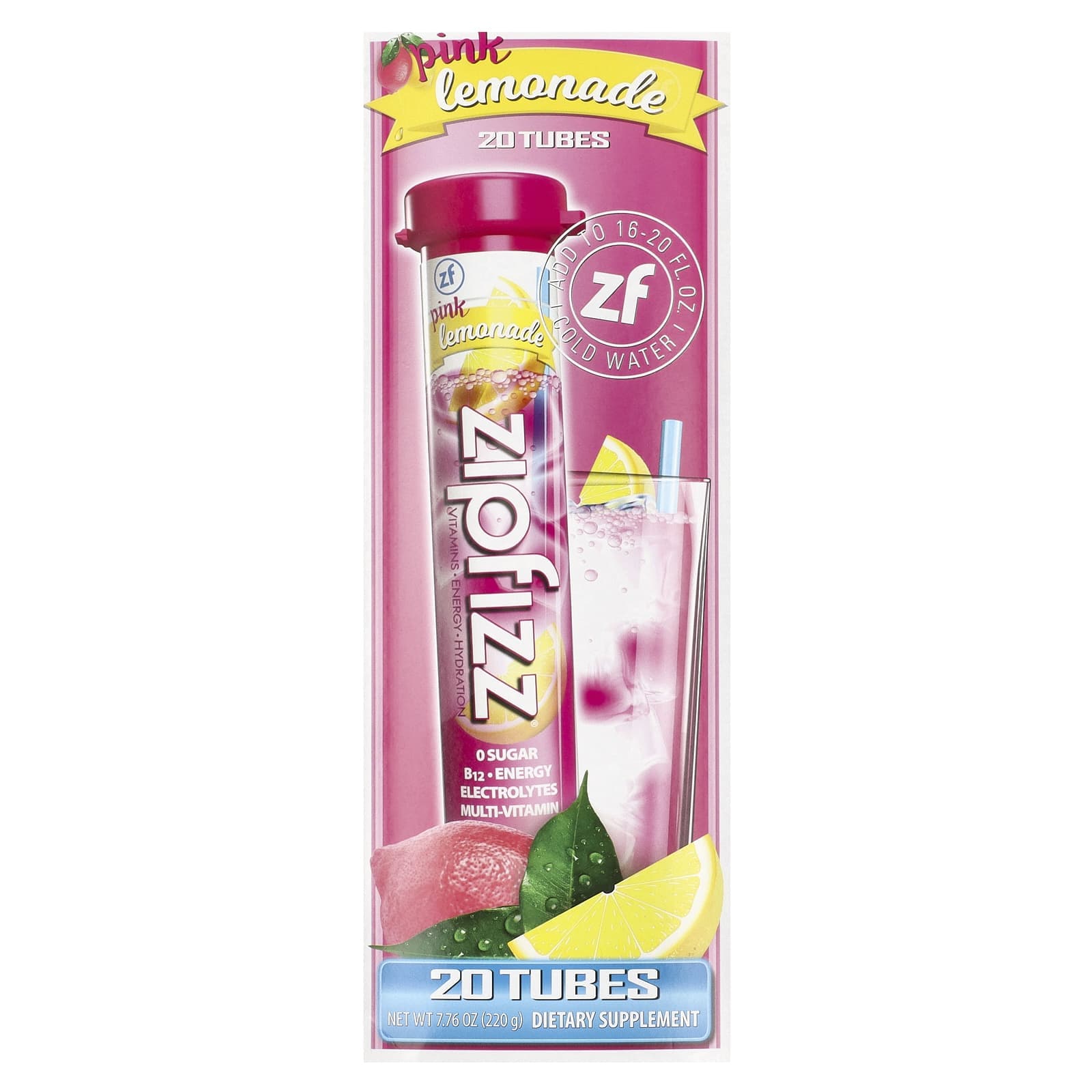 Zipfizz, Healthy Sports Energy Mix, Contains Vitamin B12, Pink Lemonade, 20 tubes, 11g (0.39oz) each