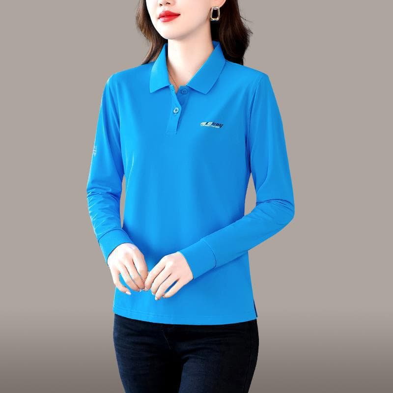 Long-sleeved T-shirt for Women Thin Style Mother Autumn Ice Silk Top Middle-aged Women Lapel T-shirt Polo Shirt L