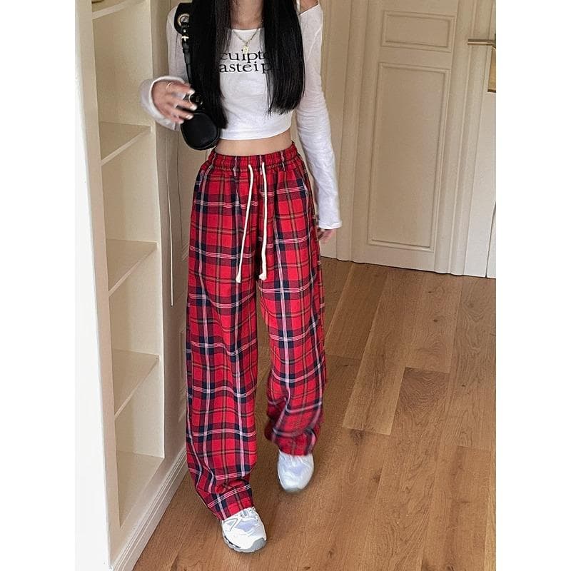 Large Size Retro Lazy Style Contrasting Plaid Casual Pants for Women In Autumn Draping Straight Loose Wide-leg Trousers for Women M