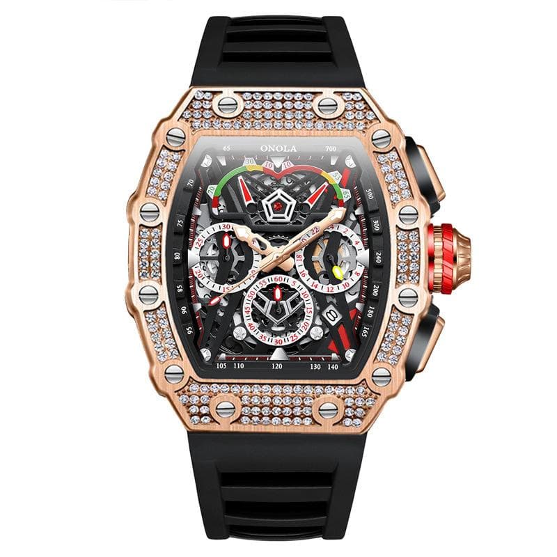 Fashion Iced Watch For Men Brand ONOLA Casual Silicone Strap Waterproof Quartz Watch Luxury Diamond Rose Wristwatch Man Gift black/rose gold