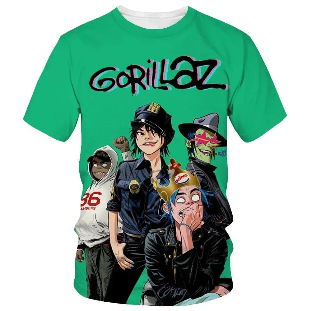 From cartoon to fashionable Gorillaz 3D printed new T-shirt, Harajuku style casual short sleeved hip-hop T-shirt for men and women, street T-shirt S green