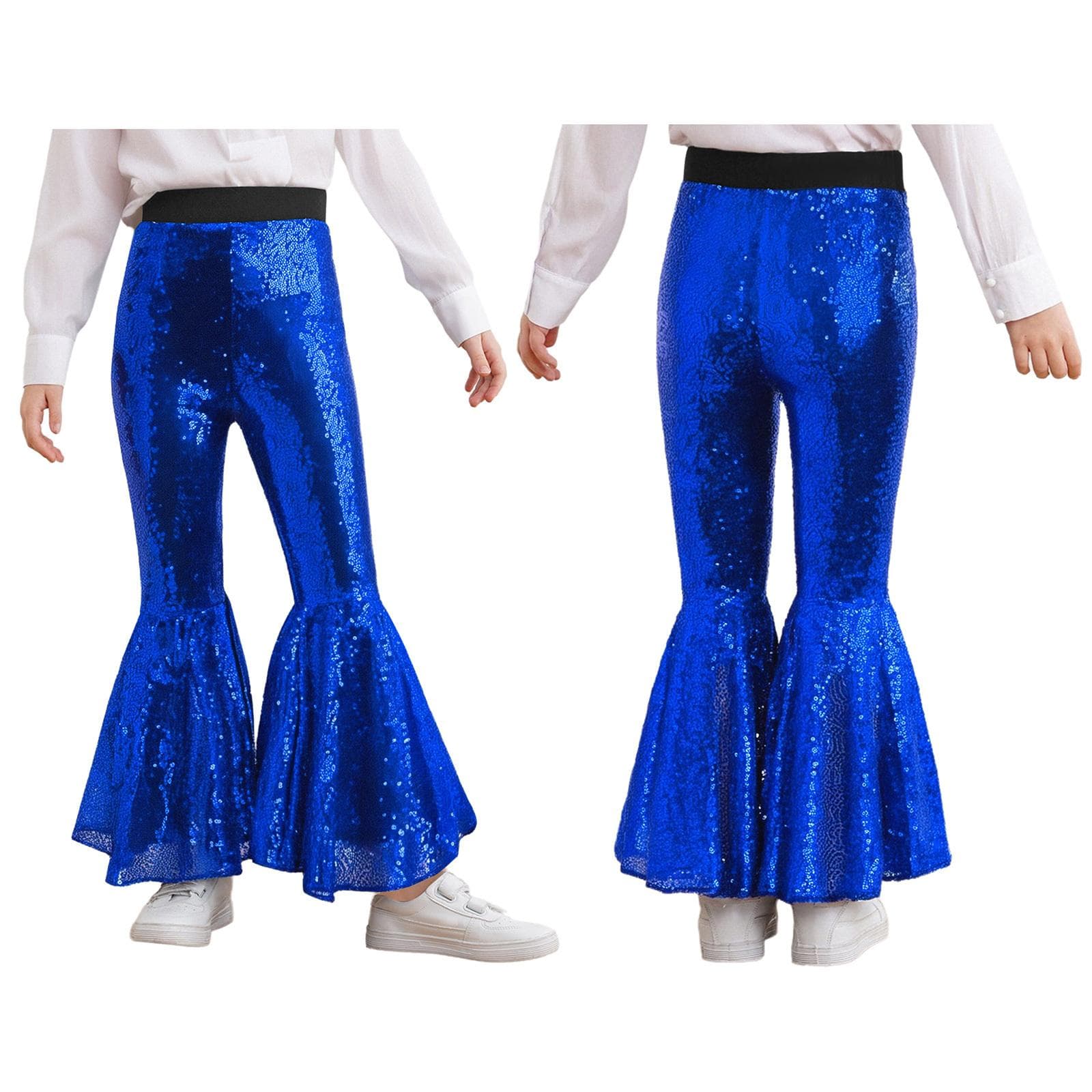 Complete Girls Stage Performance Pants: Glittery Sequin Bell-Bottoms with Elastic Waistband for Dance & Show blue