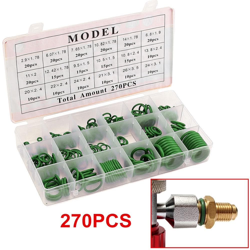 Rubber O-Ring 270Pcs R134A Car Airconditioning Sealing Set Rubber O-Ring Washer Seals with Plactics green