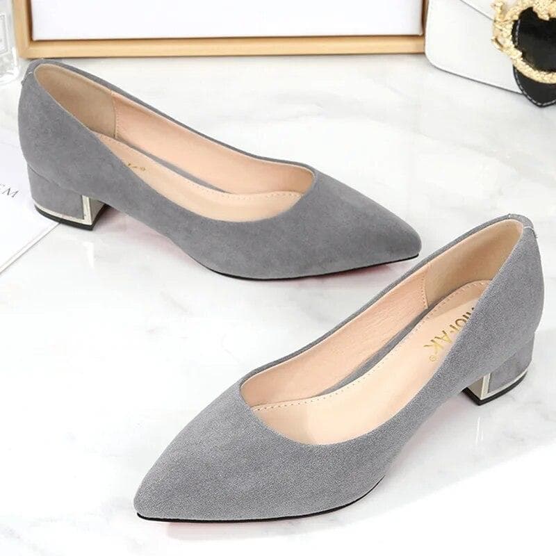 Women Square Heels Pumps Pointy Toe Null Slip-On Grey Low Cutter Shoes Kid Suede Elegant Comfortable 34-43 26cm Luxury Designer 35