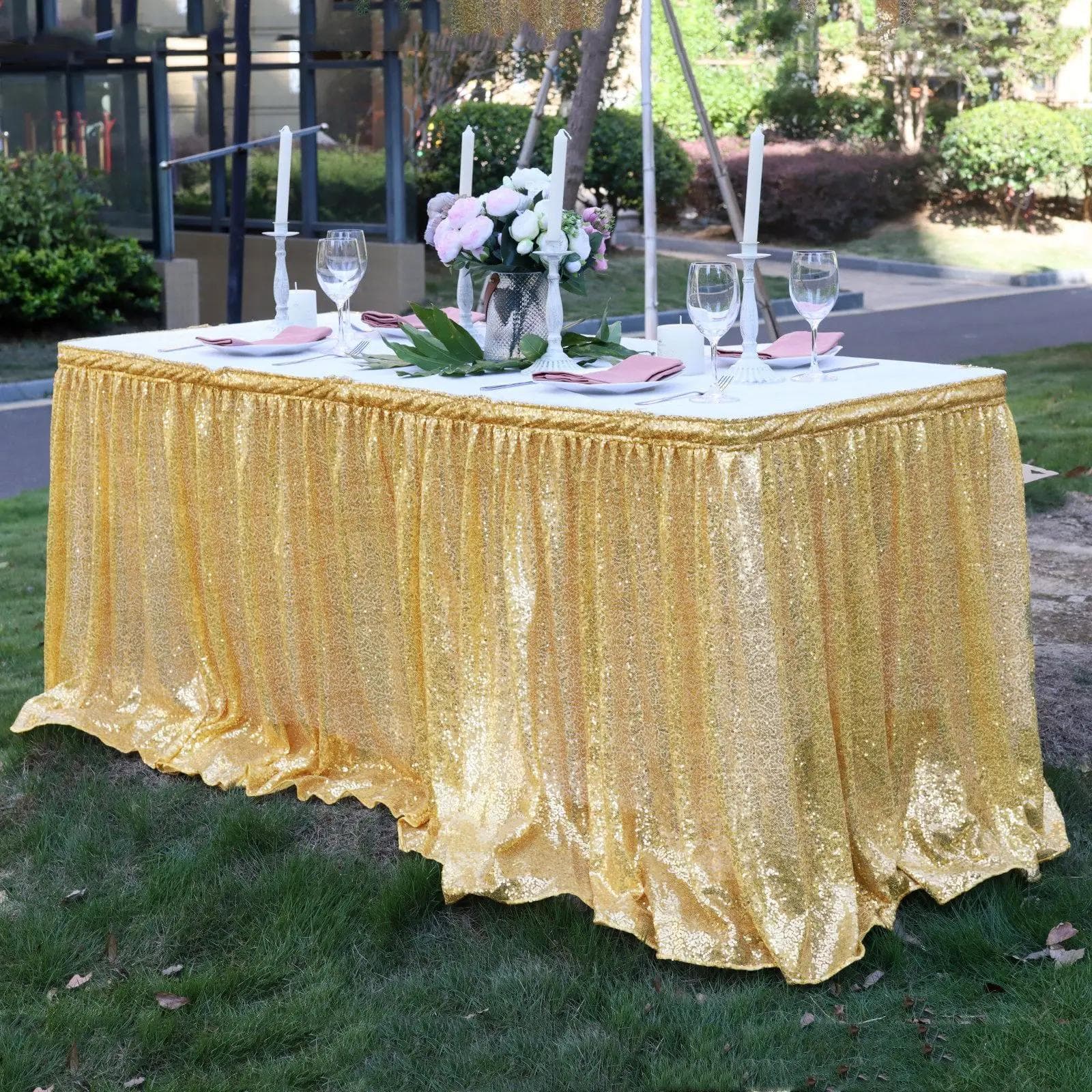 Table Cloth Polyester Rectangle Table Skirt Sparkle Party Wedding Christams Banquet Baby Shower Birthday Cake Table Decoration 14FT 70x426cm gold