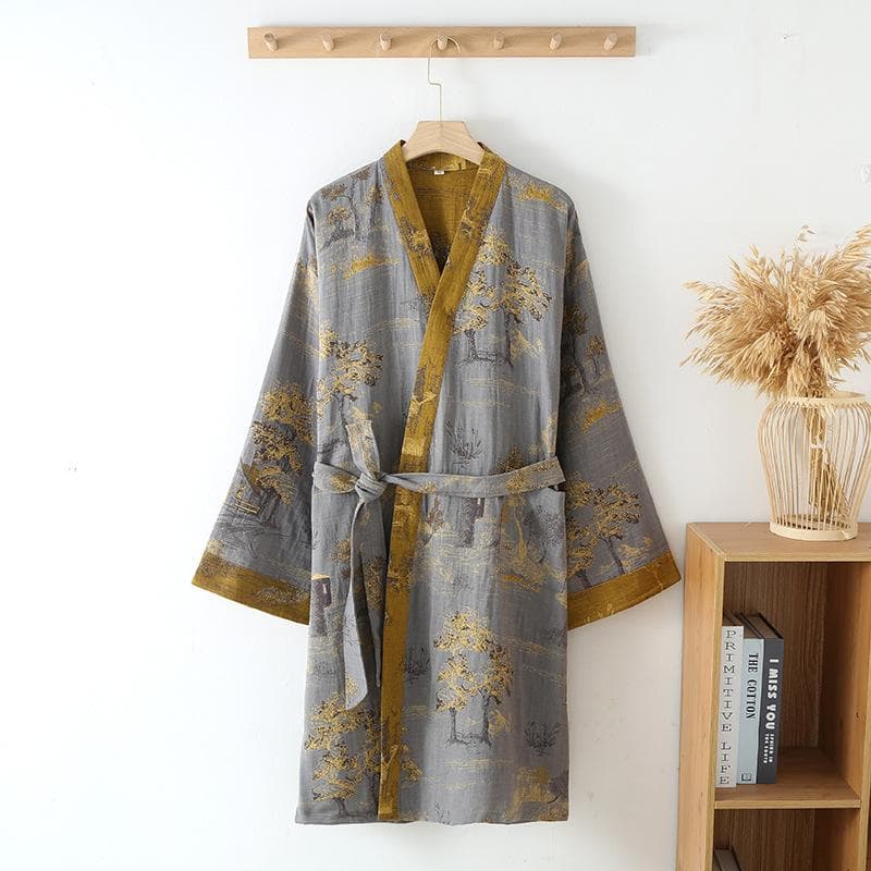 Chinese Style Women's Bathrobe Cotton Long Sleeve Autumn Ladies Kimono with Pockets Lace Up Oversize Dressing Gown for Female M green