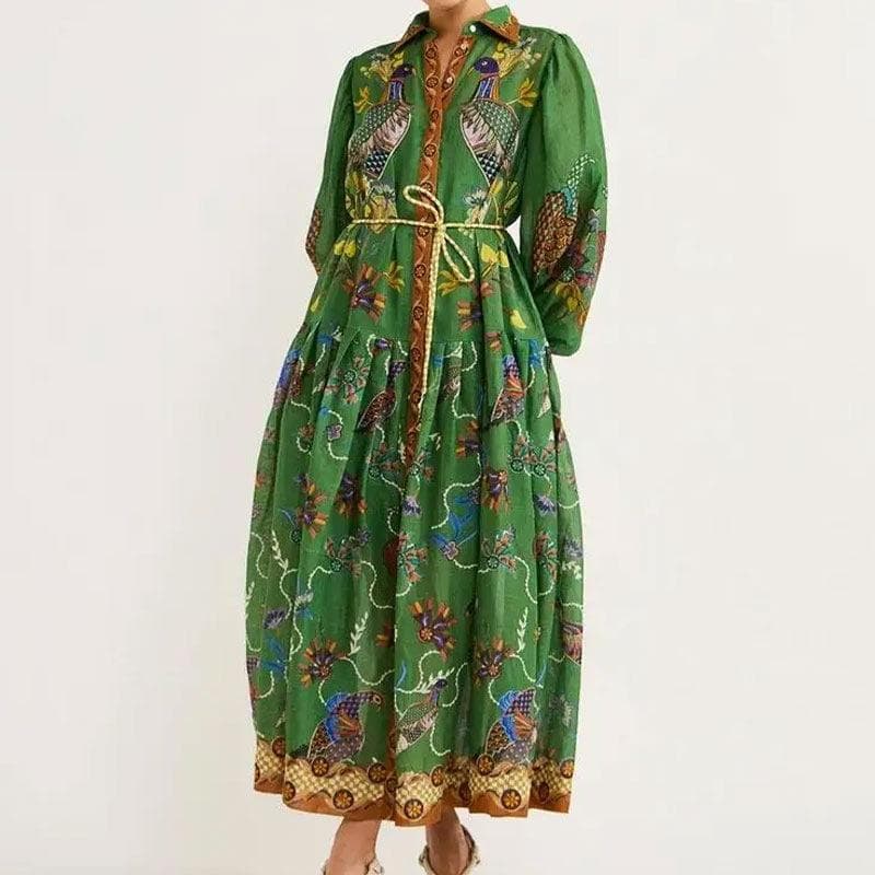 Spring Temperament Retro Printed Lapel Lantern Sleeve Waist-Trapped Dress M