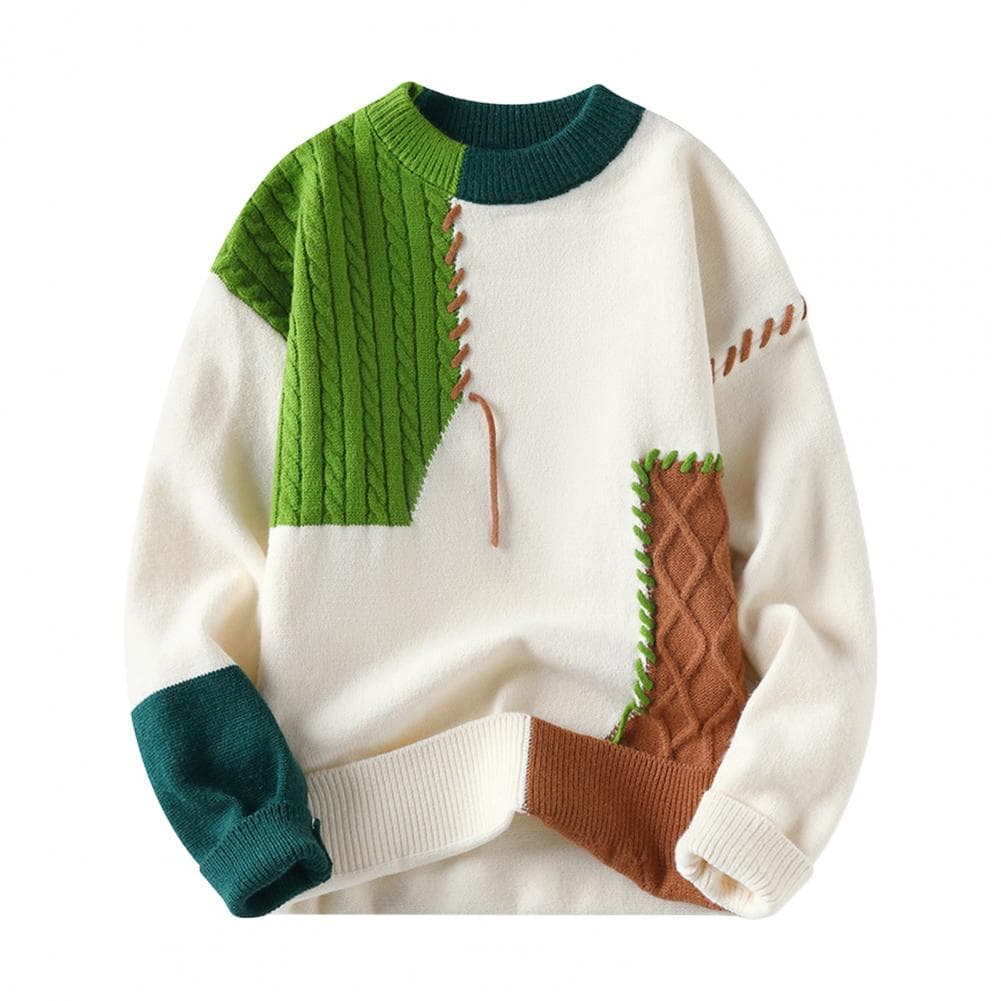 Autumn Winter Men Sweater Color Blocking Slicing Design Round Neck Loose Knitted Pullover Thick Warm Bottoming Sweater Casual We M green