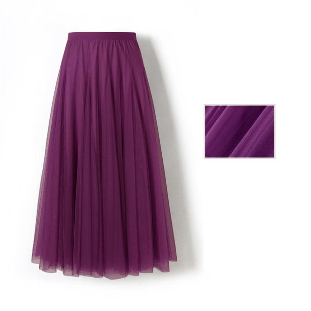 New Women Mesh Elastic Tutu Skirt Beach Spring Summer Korean High Waist Fashion Pleated Long Skirt Black White Tulle Skirts 90cm purple