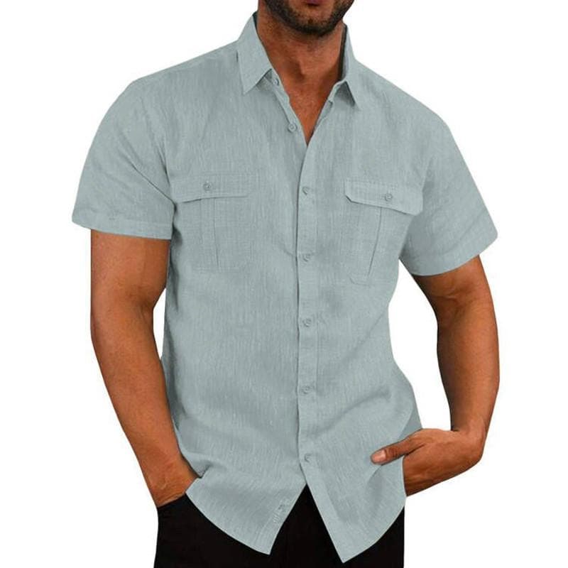 Summer Cotton Linen Casual Shirts Men Short Sleeve Solid Color Turn Down Collar Shirt Mens Breathable Beach Style Blouse 5XL M grey