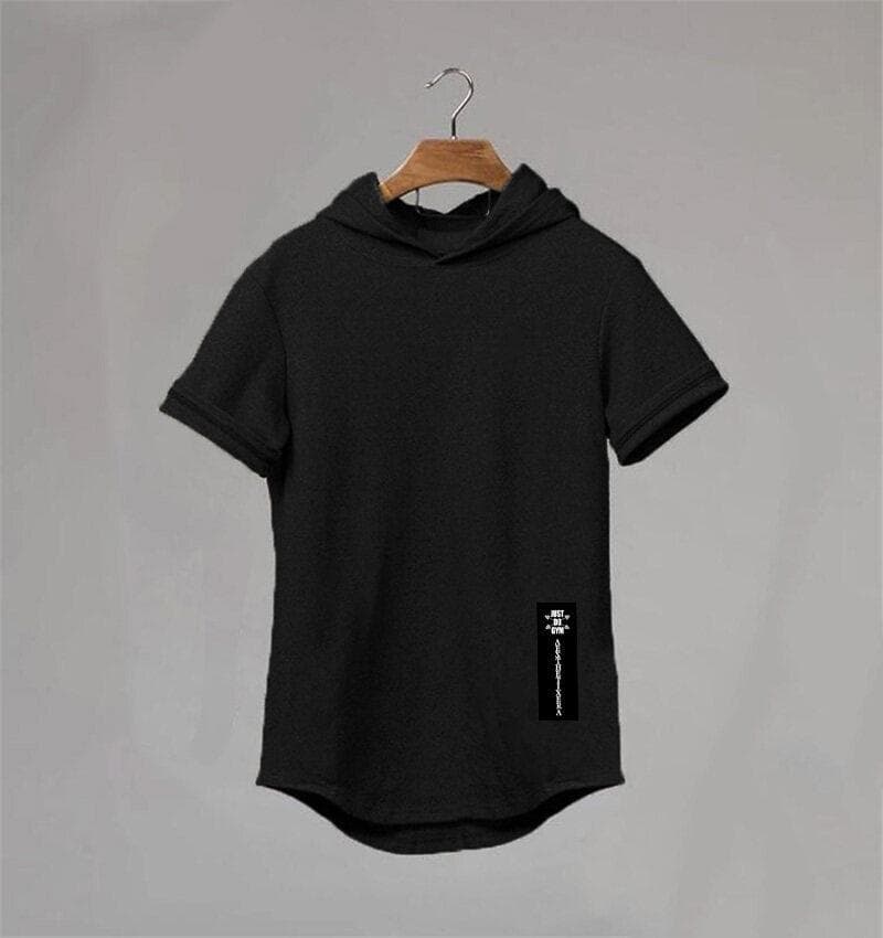 Muscleguys Brand Men Clothes Design Short Sleeve Slim Fit T Shirt Men Cotton T-Shirt with Hoodies Fitness Gyms Hooded T-Shirt Male L black
