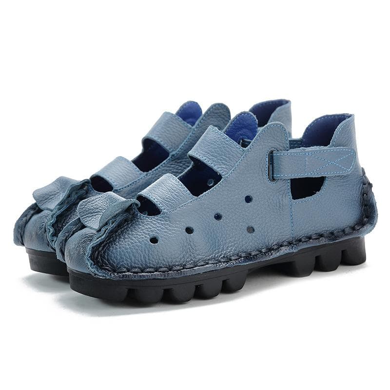 Summer Retro Handmade Genuine Leather Women Shoes Soft Flat Shoes Hollow Casual Women Sandals 39 blue