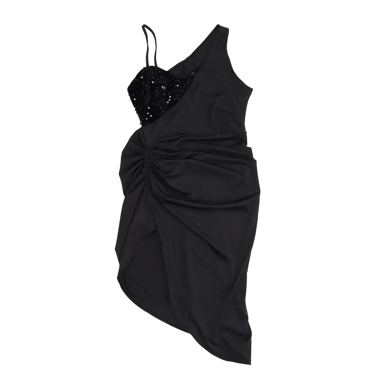 Women Sleeveless Dress Single Shoulder Strap Sequin Trim Low Cut Side Split Hip Wrap Slim Type XL black