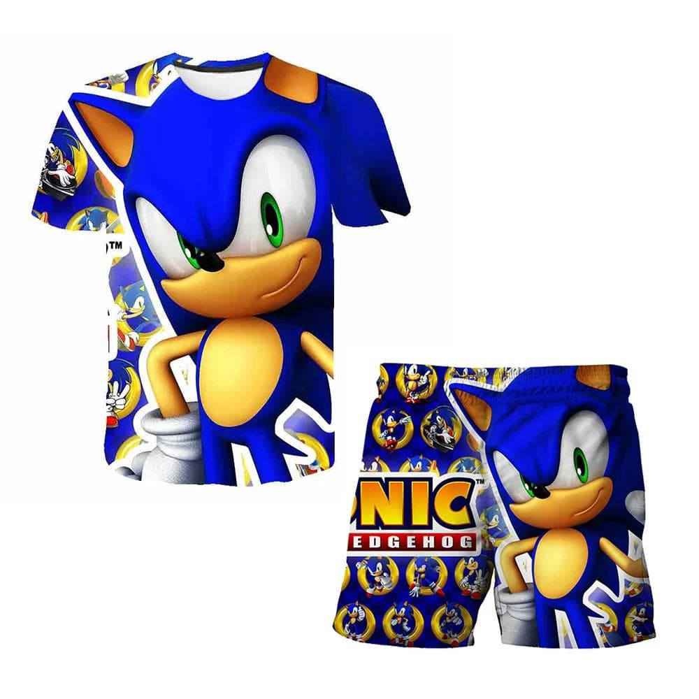 2025 MINISO New boys and girls super sonic Tshirts+shorts Harajuku Sonic print suit T-shirt + shorts fashion street style children's short sleeves 150