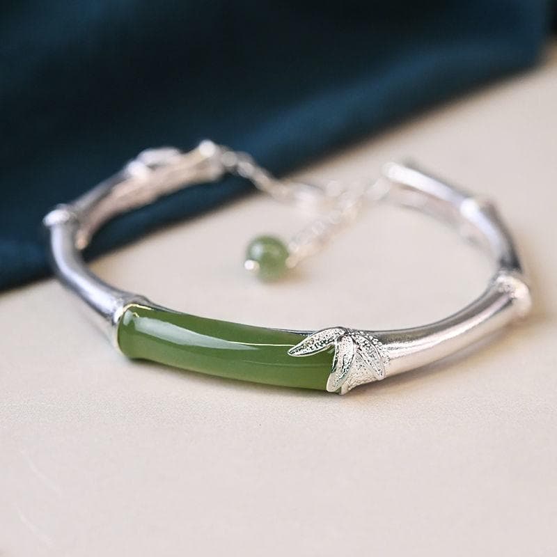 S925 Sterling Silver Bracelet Natural Hetian Jade Festival High Ethnic Style Bamboo Bracelet Adjustable Opening Bangle Bracelet