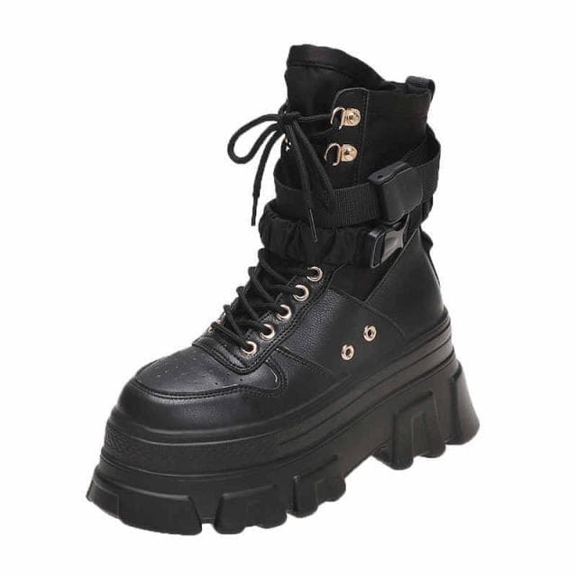 Women's Height-increasing Thick-soled Boots Wedge Heel Lace-up Decorative Women's Shoes Fashion Women's Boots 39 black