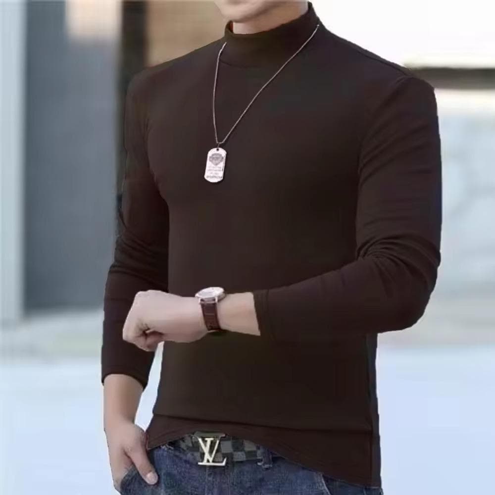Autumn Winter Men's Mock Neck Long Sleeve Slim Fit Solid Color High Elastic Bottoming Pullover Basic Style Male Top L brown