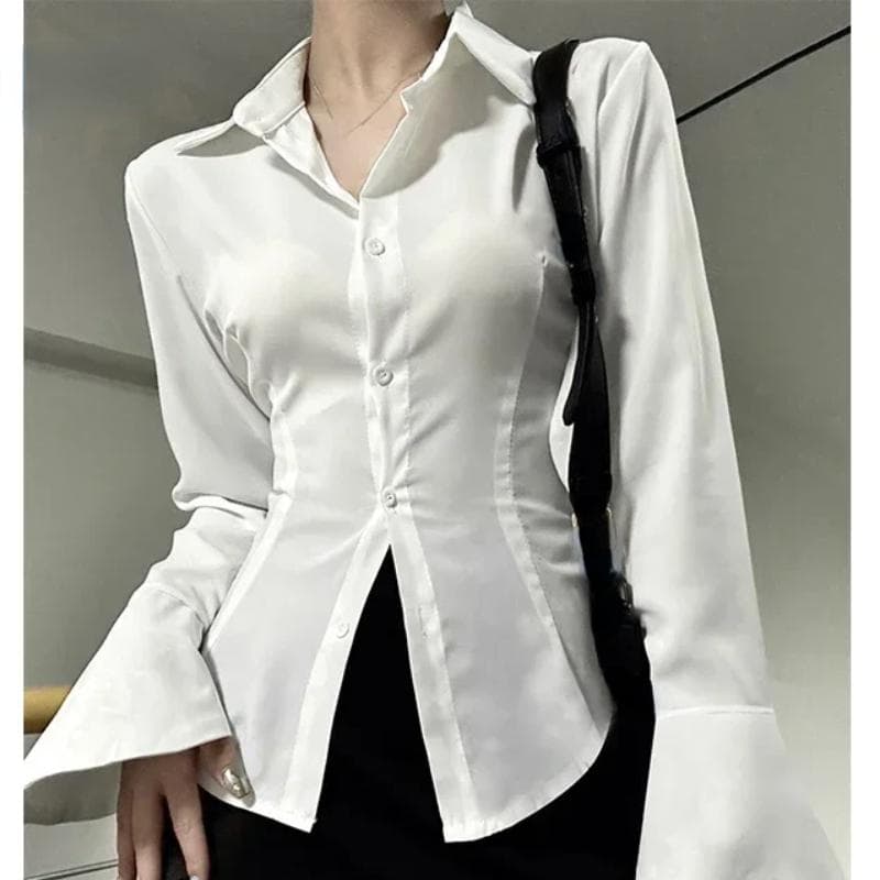 Women Sexy Solid Color Slim Chiffon Shirt Turn-down Collar Flare Sleeve Tunic Bandage Design Vintage Female Blouses Spring 2024 XXL white