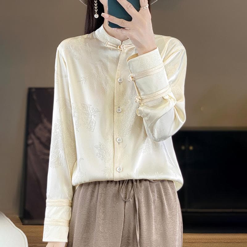 New Chinese Stand-up Collar Acetic Shirt for Women In Summer New Retro Style Jacquard Simple Horse-face Skirt Top Temperament Shirt XXXL