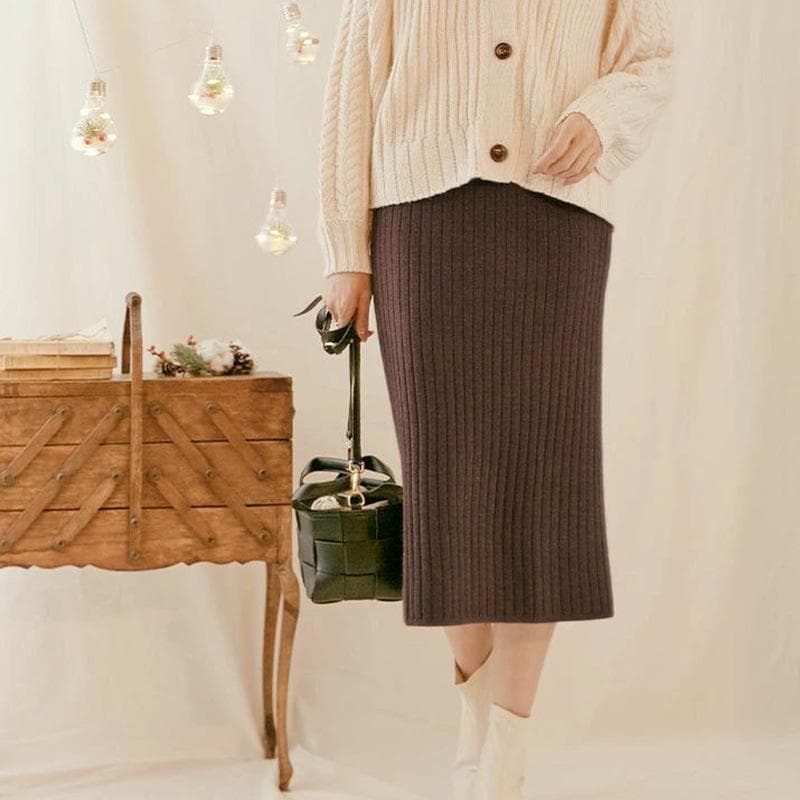 Women's Clothing, Autumn and Winter Knitted Skirt, Solid Color, Slit Ribbed Midi Skirt for Women One size