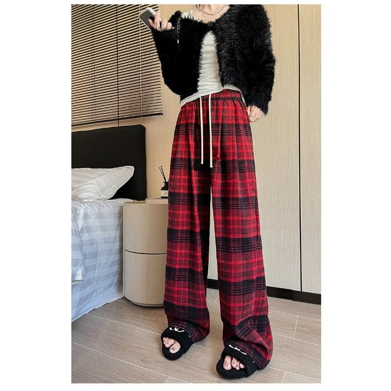 New Autumn and Winter Thickened Matte Plaid Casual Pants for Women Wool Retro Design Draped Straight Wide-leg Pants 4XL red