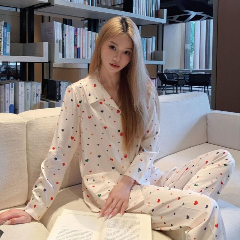 Colorful Sugar Beans Two Piece Silk Sleepwear Women Autumn Long Sleeved Pants Girls' Colorful Heart-shaped Nightgown Home Clothe XL