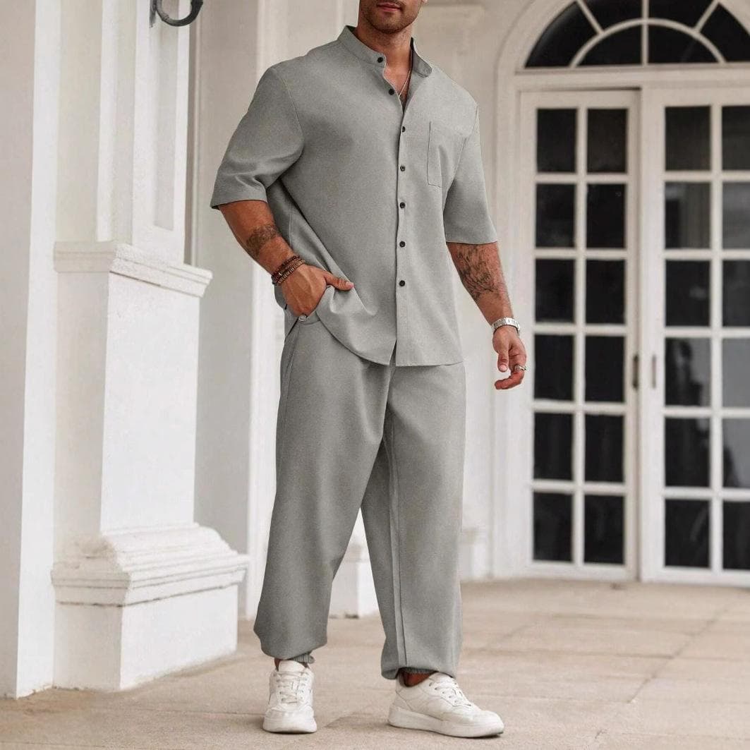 New Men's Commuter Cotton and Linen Suit Casual Button Shirt Short Sleeve Trousers Men's XXXL gray