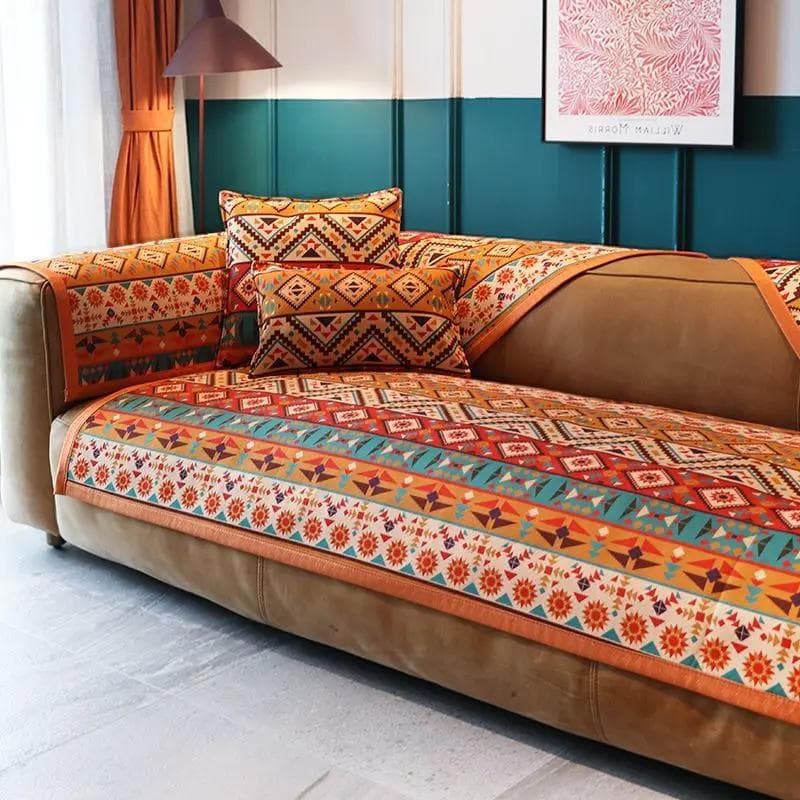 Bohemian Chenille Sofa Cushion Backrest Towel Orange Four Seasons Universal Anti Slip Settee Cover Geometric Pattern Sofa Towel 70x70cm 1pcs