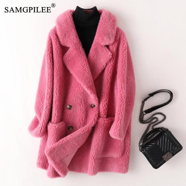 Real Fur Coat High Quality Australian Womens Wool Coats Thick Warm Elegant Loose Long Outwear Winter Coat For Women M rose pink