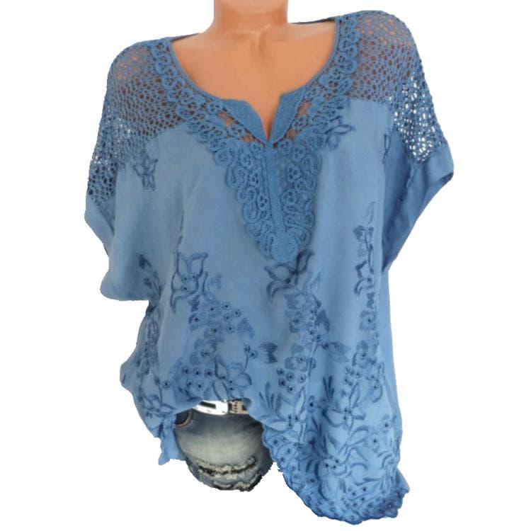 Fashion Women's Lace V-neck Embroidered Short Sleeve T-Shirt L blue