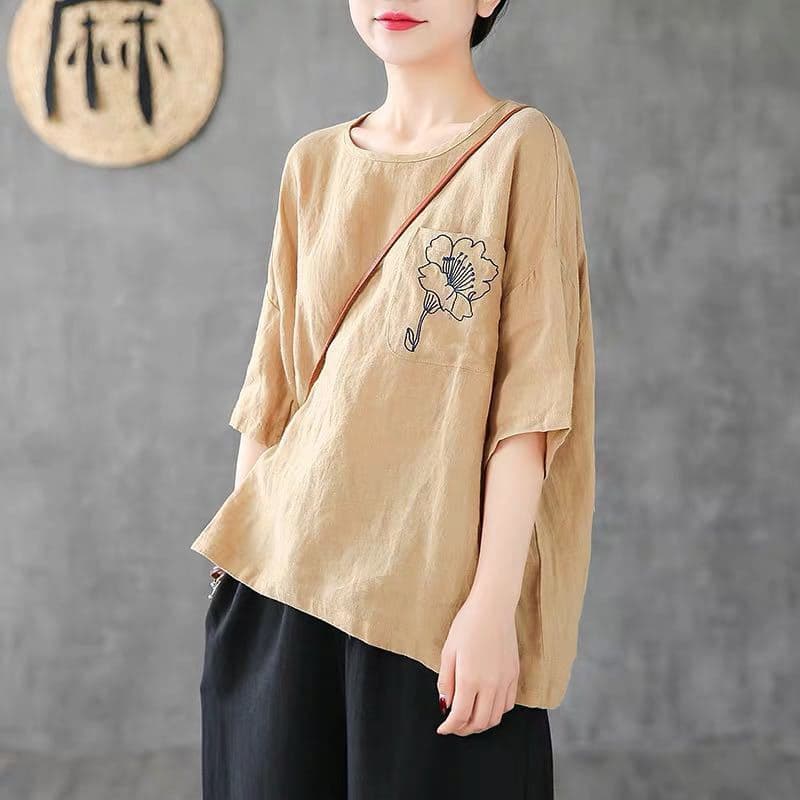 Retro Loose Large Size Women's Flower Embroidered Pocket Short-sleeved Loose Slim Blouse Cotton Linen T-shirt Half-sleeved Top 4XL yellow