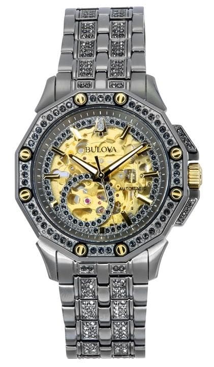 Bulova Octava Crystal Accents Stainless Steel Skeleton Gold Dial Automatic 98A293 Men's Watch gold