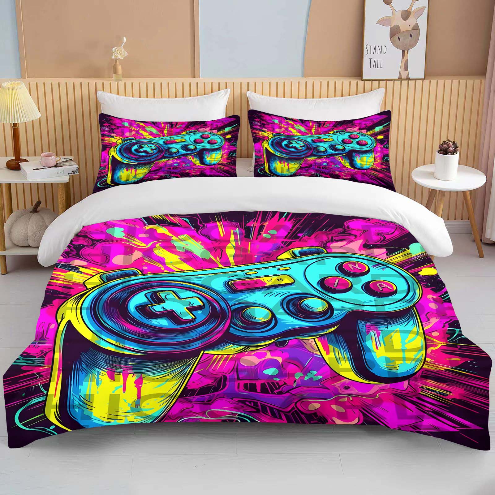 Colorful Game Controller Print Bedding Set 3PC 1 Duvet Cover 2 Pillowcases Adult and Children Bedding Set Luxury Holiday Gifts EU single(135x200cm)