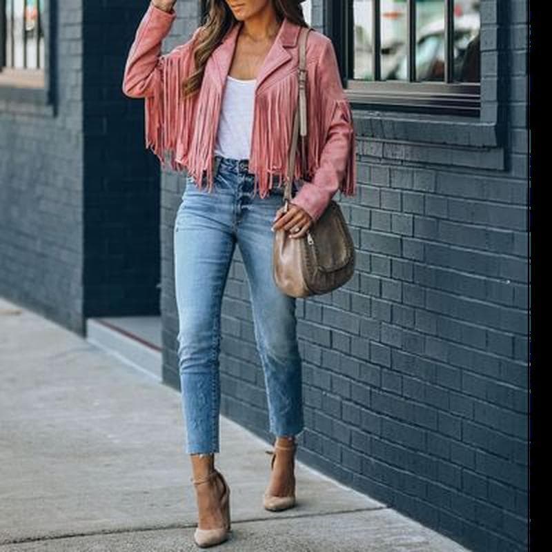 Women's Deerskin Jacket Lapel Fringe Short Coat Leather Coat XL pink