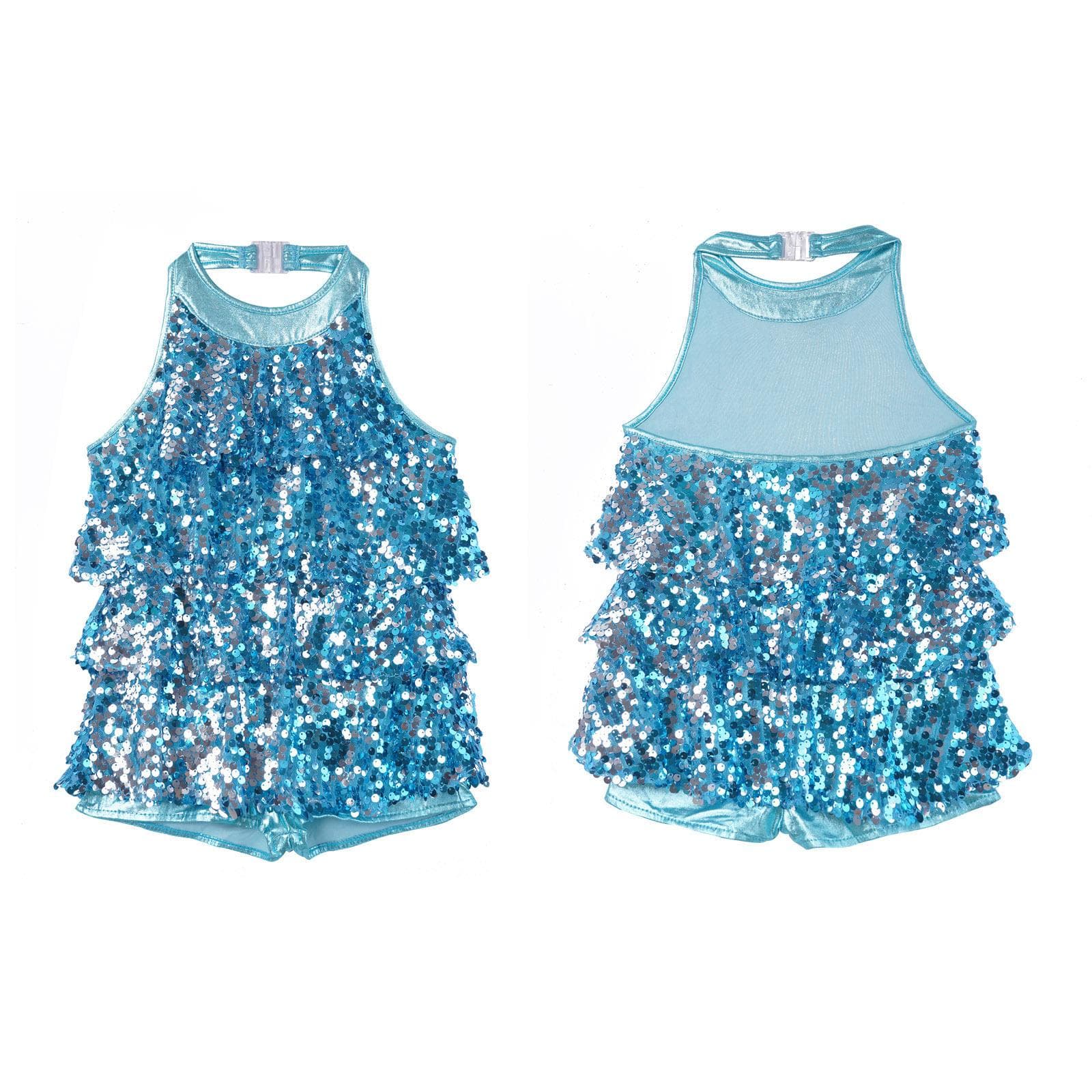 Dancewear for Kids Girls Halter Neck Shiny Sequins Jazz Dance Costume Shorty Unitard Dress 13-14 Years blue