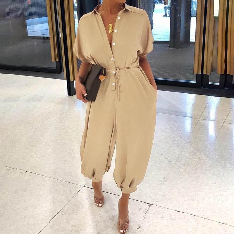 New Leopard Print Jumpsuit Women Retro Women Short Sleeve Button Casual Pants Loose Large Size 2XL beige