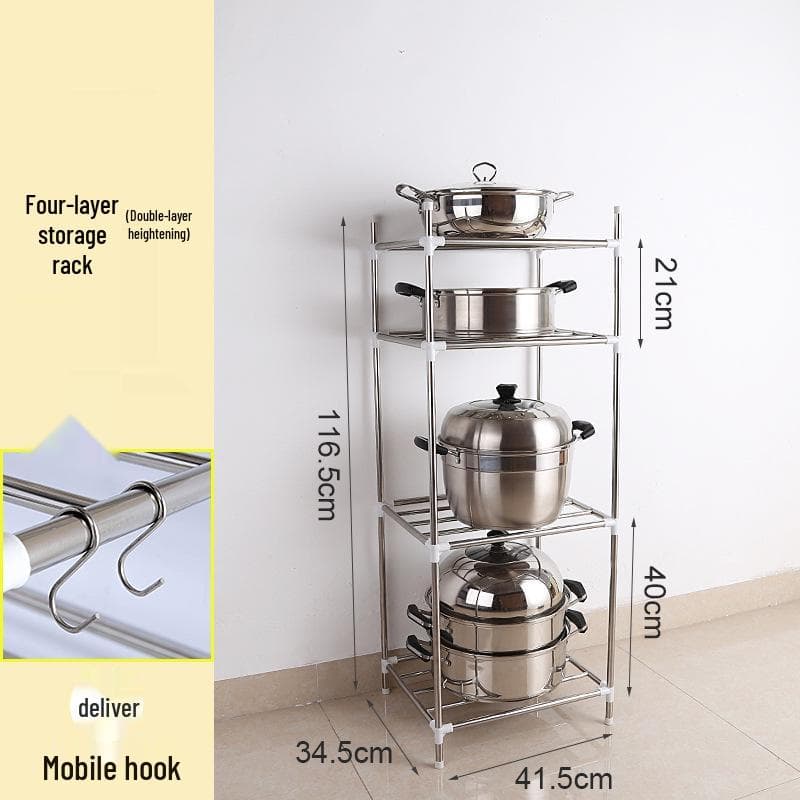 Stainless Steel Multi-Layer Floor-Standing Rack for Kitchen and Bathroom Basin and Pot Storage