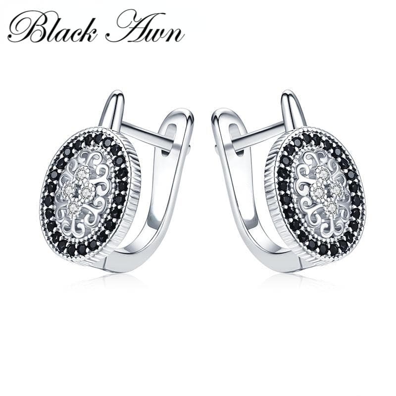 BLACK AWN Jewelry Round Earrings Black Stone Engagement Hoop Earrings For Women