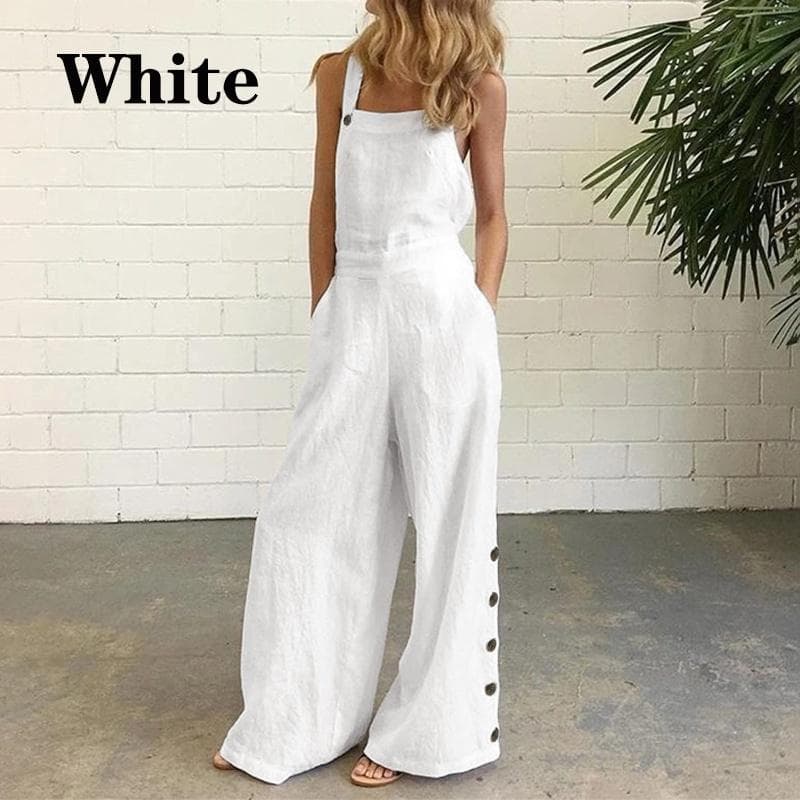 New Women Square Neck Sleeveless Pure Cotton Wide Leg Jumpsuits XXXL white