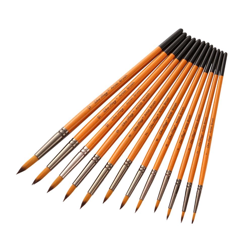 12pcs Professional Artist Paint Brushes Set Round Pointed Tip Wooden Handle Nylon Hair Paintbrush orange