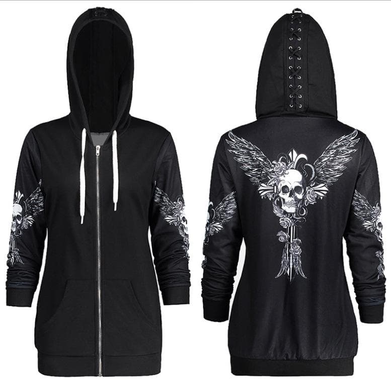 Women's Fashion Jacket Lace-up Hooded Jacket Skull Printed Gothic Punk Long Sleeve Zipper Hoodies M black
