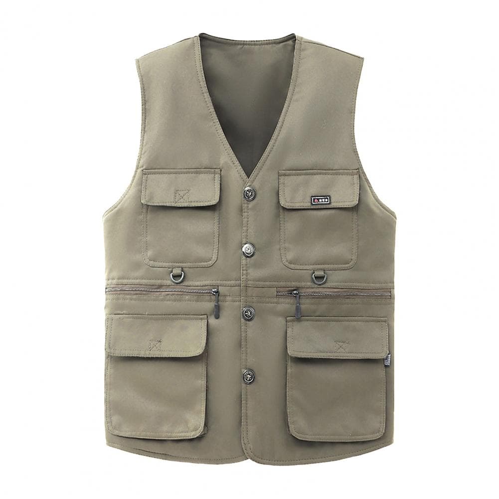 Men Waistcoat Single-breasted V-neck Workwear Style Vest with Multiple Pockets Solid Color Fishing Photo Vest Coat XXL khaki