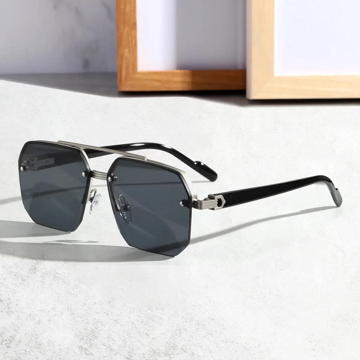 New Men Double Bridge Square Frame Polygon Sunglasses Fashion Metal Glasses Street Style High-grade