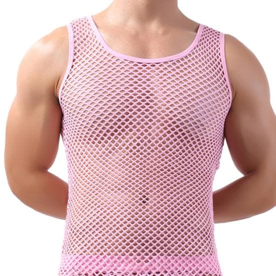 Underwear O Neck Breathable Sleepwear Fish Net Pure Color Vest for Sleeping L pink