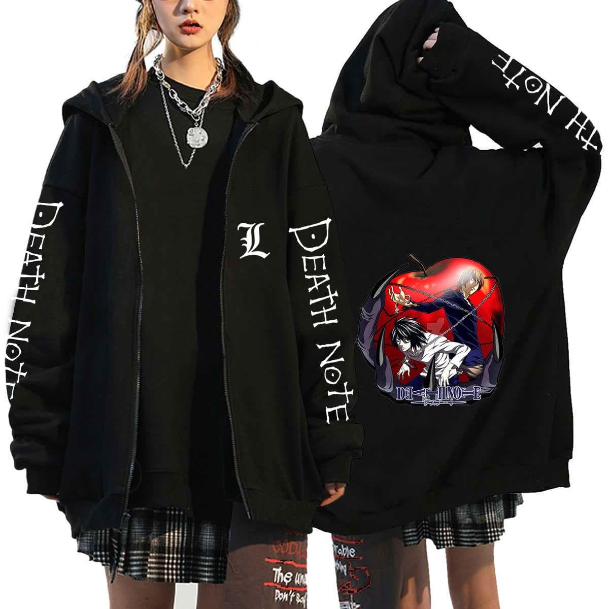 Death Note Harajuku Anime Zipper Coats Hoodies Mens Jackets Casual Loose Hooded Zip Up Manga L Lawliet Print Tops Sweatshirt Unisex Couple Streetwear XL black